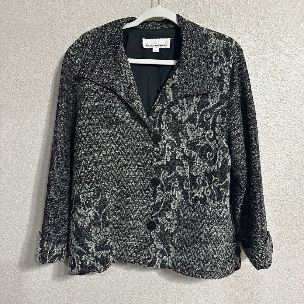 Caroline Rose Wool Blend Jacket Blazer Womens L Floral Patchwork Pockets USA*